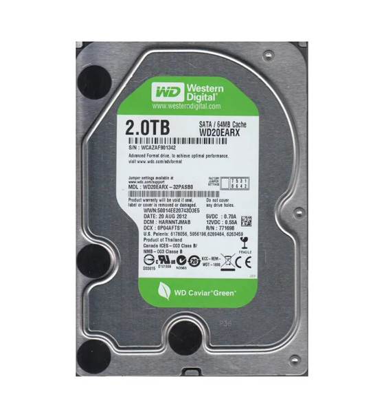 WD20EARX-32PASB0 - Western Digital Caviar Green 2TB 7200RPM SATA 6Gb/s 64MB Cache 3.5-inch Hard Drive
