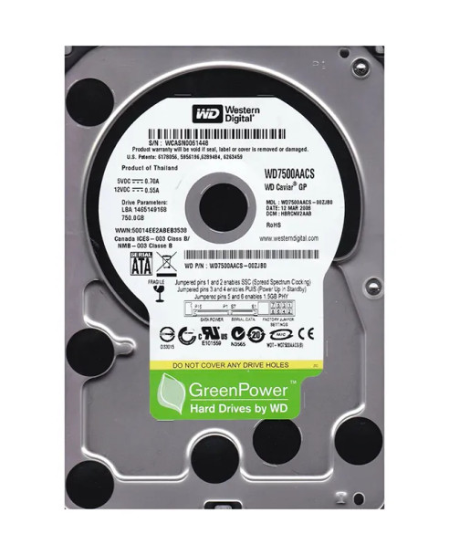 WD7500AACS-00ZJB0 - Western Digital Caviar Green 750GB 7200RPM SATA 3Gb/s 16MB Cache (RoHS) 3.5-inch Hard Drive