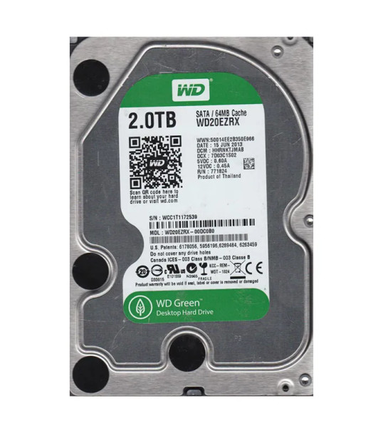 WD20EZRX-00DC0B0 - Western Digital Green 2TB 5400RPM SATA 6Gb/s 64MB Cache 3.5-inch Hard Drive