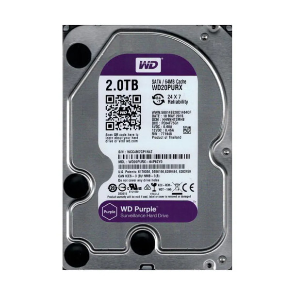 WD20PURX-64P6ZY0 - Western Digital Purple 2TB 5400RPM SATA 6Gb/s 64MB Cache (CE) 3.5-inch Surveillance Hard Drive