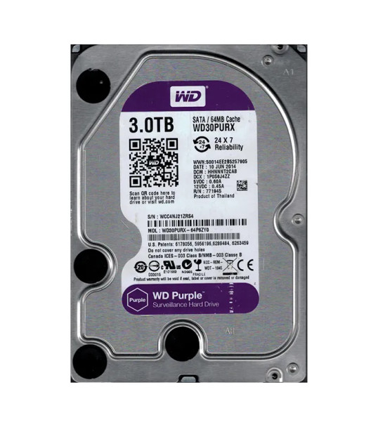WD30PURX-64P6ZY0 - Western Digital Purple 3TB 5400RPM SATA 6Gb/s 64MB Cache 3.5-inch Hard Drive for Surveillance