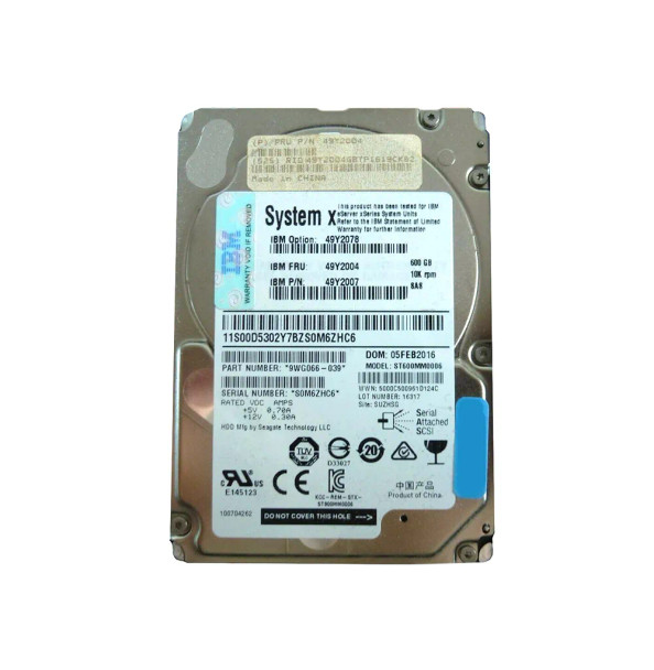 49Y2078 - IBM 600GB 10000RPM 2.5-inch SAS 6Gb/s SFF SLIM-HS Hard Drive with Tray for System x3200 M3