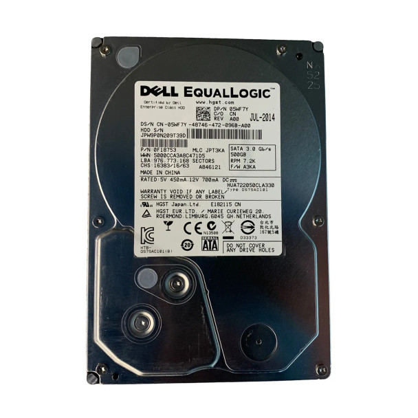 5WF7Y - Dell 500GB 7200RPM SATA 3Gb/s Hot-Swappable 16MB Cache 3.5-inch Hard Drive with Tray
