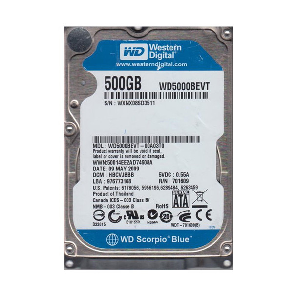 WD5000BEVT-00A03T0 - Western Digital Scorpio Blue 500GB SATA 3Gb/s Hot-Swappable 5400RPM 8MB Cache 2.5-inch Hard Drive