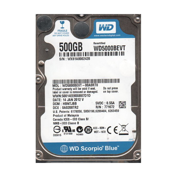 WD5000BEVT-00A0RT0 - Western Digital Scorpio Blue 500GB SATA 3Gb/s Hot-Swappable 5400RPM 8MB Cache 2.5-inch Hard Drive