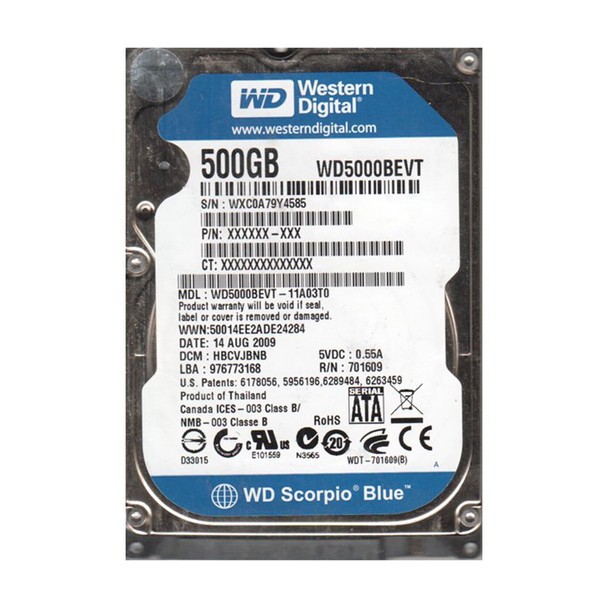 WD5000BEVT-11A03T0 - Western Digital Scorpio Blue 500GB SATA 3Gb/s Hot-Swappable 5400RPM 8MB Cache 2.5-inch Hard Drive