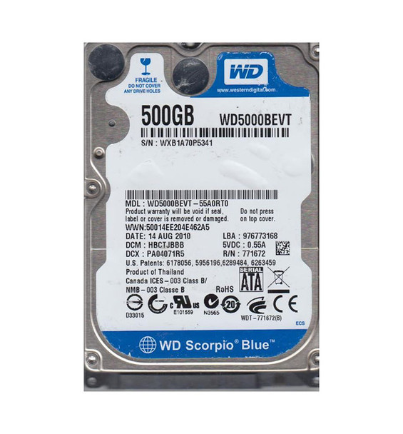 WD5000BEVT-55A0RT0 - Western Digital Scorpio Blue 500GB SATA 3Gb/s Hot-Swappable 5400RPM 8MB Cache 2.5-inch Hard Drive