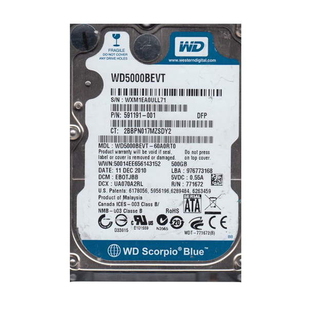 WD5000BEVT-60A0RT0 - Western Digital Scorpio Blue 500GB SATA 3Gb/s Hot-Swappable 5400RPM 8MB Cache 2.5-inch Hard Drive