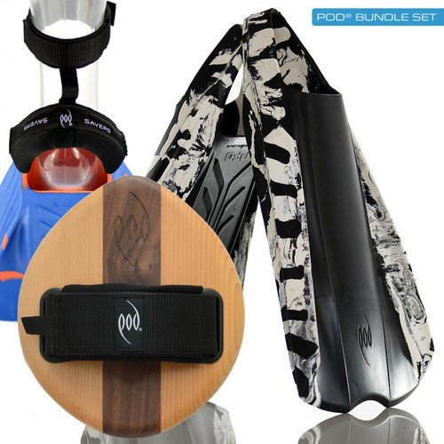 EGO Cedar/Walnut POD Handboard PF2 Swim Fins Black/White Heel Protectors and Fin Savers