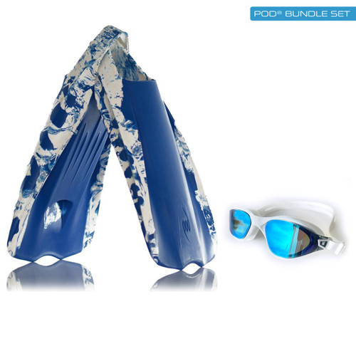 Variegated Blue/White PF1 POD Swim Fins and White AquaLuxe Blue Mirror Lens Goggles. 