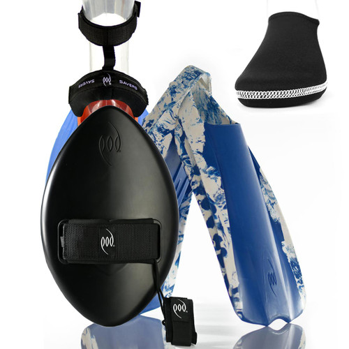 Black WOW Handboard + Blue White PF1 POD Fins + Swim Fin Socks + Fin and Heel Savers