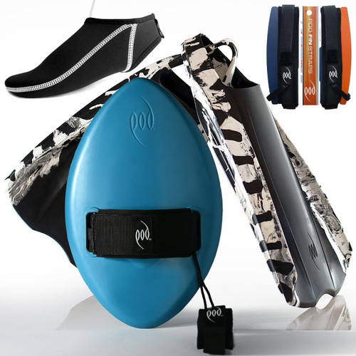 Teal WOW Handboard + Black/White POD 2 Swim Fins + Fin Socks + Fin Savers