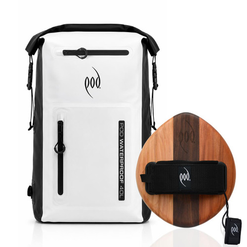 POD Black/White Waterproof Backpack 40L + EGO Cedar Walnut Bodysurfing Handboard