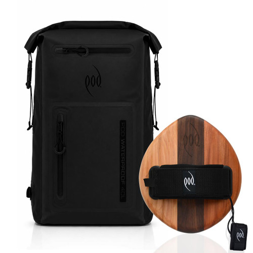 POD Black/Black Waterproof Backpack 40L + EGO Cedar Walnut Bodysurfing Handboard