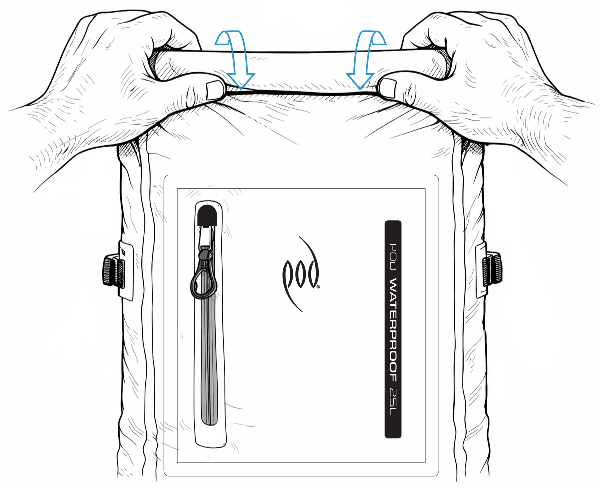 Illustration showing the roll-top closure being rolled forward three times to create the airtight seal on a POD waterproof backpack.
