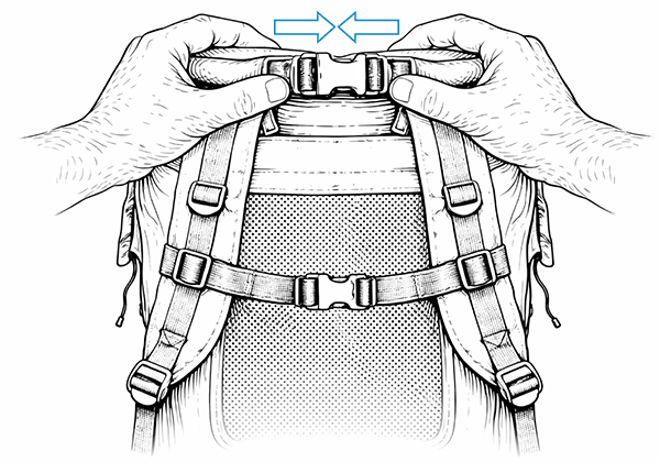 Illustration showing the top buckle being clipped across the rolled seal to secure the POD waterproof backpack for quick closure.