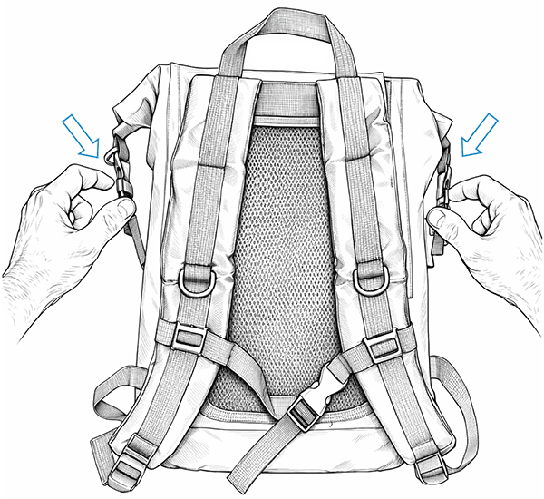 Illustration showing the side compression straps being clipped and tightened to secure the rolled seal on the POD waterproof backpack for long-term carrying comfort.