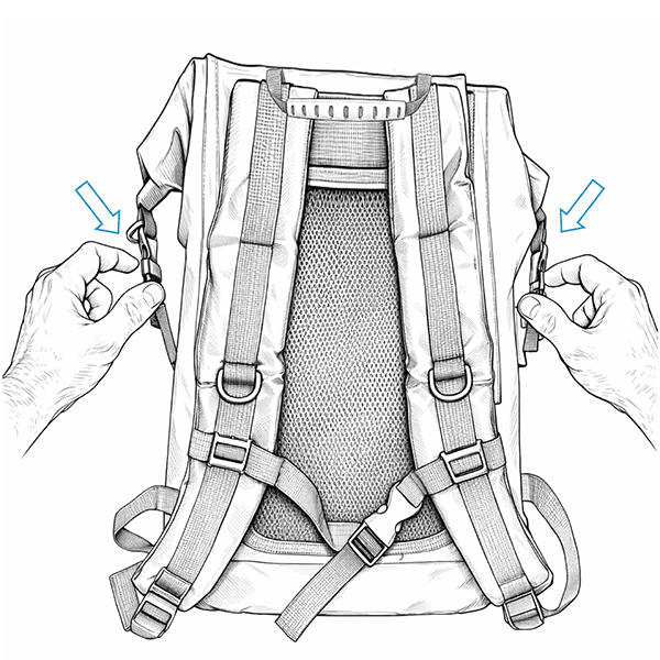 Step 3 40L fold and roll instructions POD 40L waterproof backpack side compression buckles tightened to secure the rolled seal for extended carry.