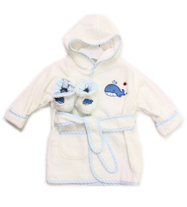 Hooded Terry Bathrobe with Booties, Blue Whale