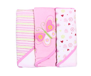 3 Count Soft Terry Hooded Towel Set, Pink Butterfly 3 Count Soft Terry Hooded Towel Set, Pink Butterfly