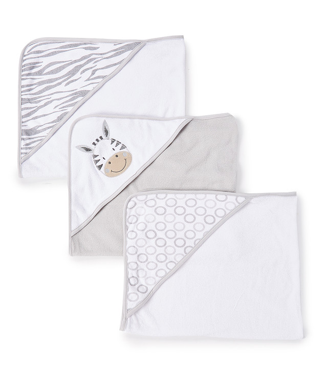 3 Count Soft Terry Hooded Towel Set, Grey Zebra
