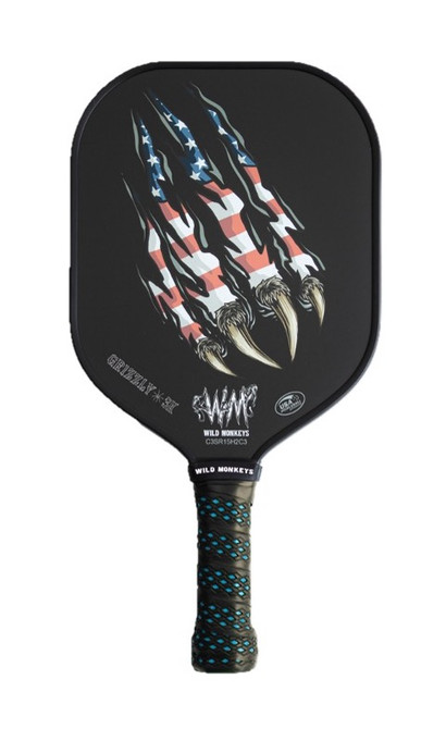 GRIZZLY 3K wide body heavyweight carbon fiber pickleball paddle with 16mm honeycomb core and "carbon cloth" friction technology and PROLITE No Sweat Diamond Grip