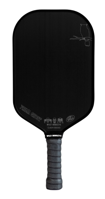 "PRIMA GHOST" elongated raw T700 carbon fiber pickleball paddle with 15mm honeycomb core, "carbon cloth" friction technology and PROLITE Phantom Ultra Grip