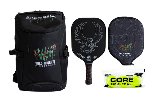 Wild Monkeys pickleball kit including Falcon lightweight carbon fiber paddle, courtside backpack, neoprene paddle cover and 3 CORE Outdoor Pickleballs