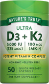 Nature's Truth Ultra K2 100 mcg (MK-7) + D3 5,000 IU (125 mcg) Quick Release - 50 Softgels Thumbnail Image
