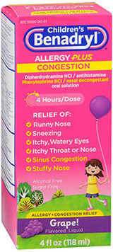 Benadryl Children's Allergy plus Congestion Liquid Grape Flavored - 4 oz