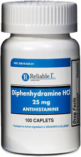 Reliable 1 Diphenhydramine HCI 25mg Antihistamine 100 Caplets (1 Bottle)