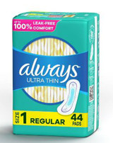 Always Ultra Thin Pads without Wings Size 1 - 44 ct (Pack of 3)