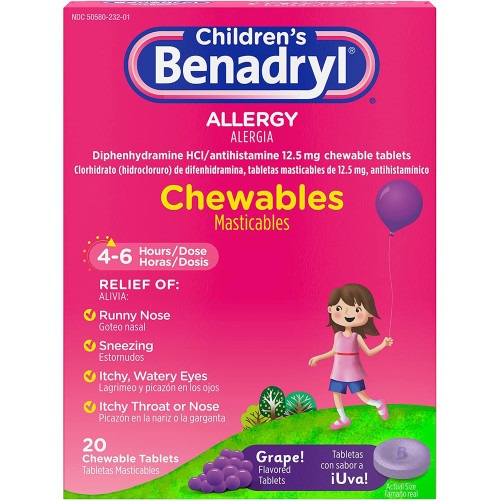 Benadryl Children's Allergy Chewable Tablets Grape Flavored - 20 ct