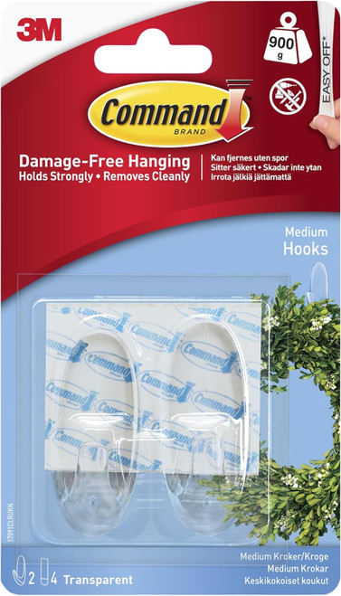 Command Adhesive Medium Hook, Clear, Medium - 1 Pkg