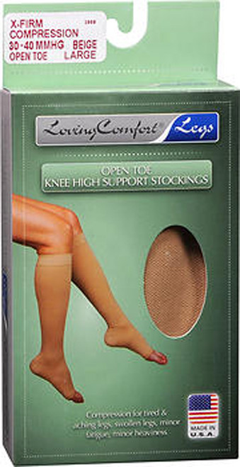Loving Comfort Knee High Support Stockings Open Toe X-Firm Beige Large