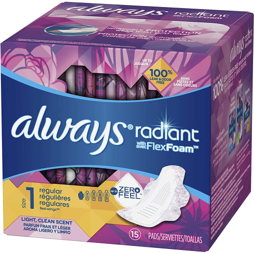 Always Radiant Infinity Pads Regular Flow with Flexi-Wings Light Clean Scent - 15 Ct