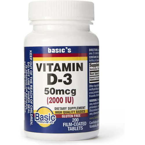 Basic Vitamins Natural Vitamin D-3 2000 IU - 200 Film-Coated Tablets