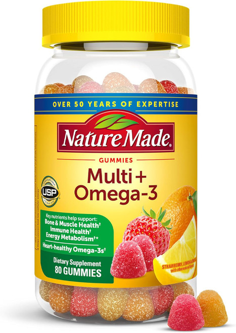 Nature Made Adult Gummies Multi + Omega-3 Dietary Supplement Strawberry, Lemon & Orange Flavors - 80 ct