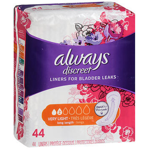 Always Discreet Liners for Bladder Leaks Long Length Very Light - 3pks of 44