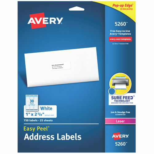 Avery Mailing Address Labels, Permanent Adhesive, Easy Peel (5260) - 750 Labels