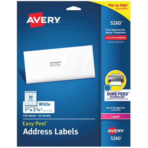 Avery Mailing Address Labels, Permanent Adhesive, Easy Peel (5260) - 750 Labels