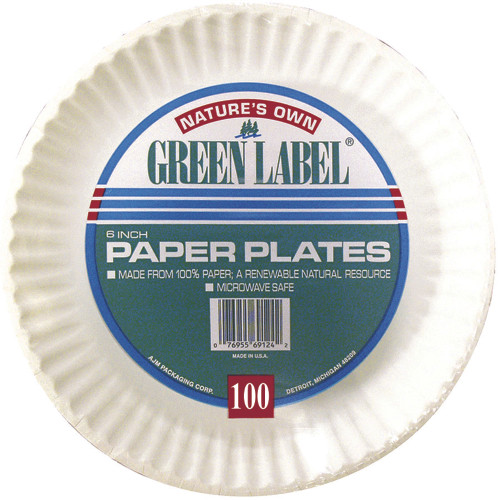 Green Label Paper Plate, 6" White, 100 ct
