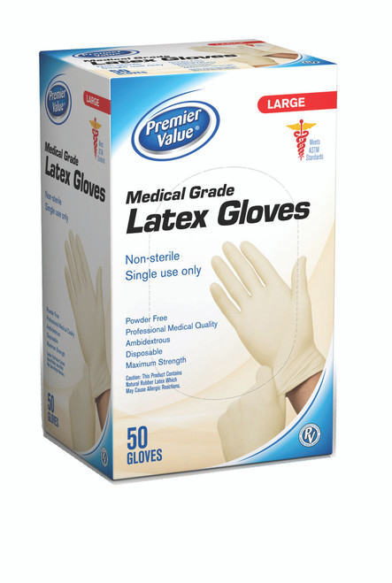 Premier Value Latex Gloves, Powder Free, Large, 50ct