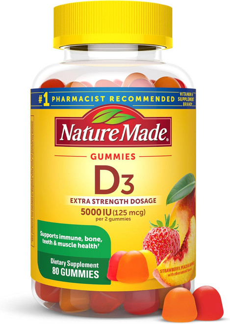 Nature Made Vitamin D3 125 mcg Gummies Extra Strength Strawberry, Peach & Mango - 80 ct