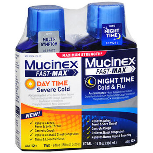 Mucinex Fast-Max Day Time & Night Time Cold & Flu Liquid Maximum Strength, 2 - 6 oz Bottle Pack