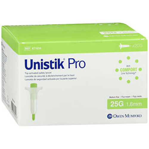 Unistik Pro Top Activated Safety Lancets Medium Flow 25G 1.6mm - 200 ct