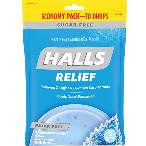 Halls Cough Suppressant/Oral Anesthetic Drops Sugar Free Mountain Menthol Flavor - 70 ct