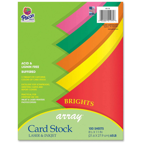 Pacon Array Brights Card Stock Paper 5 Colors, 8-1/2" x 11" - 100 Sheets