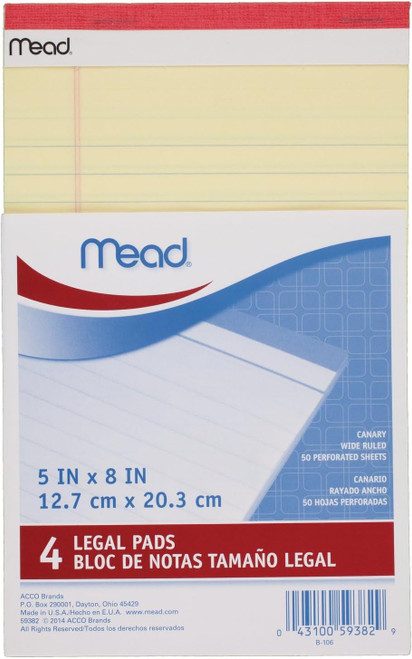 Canary, Wide Ruled Legal Pad, Yellow, 5X8 - 1 Pkg