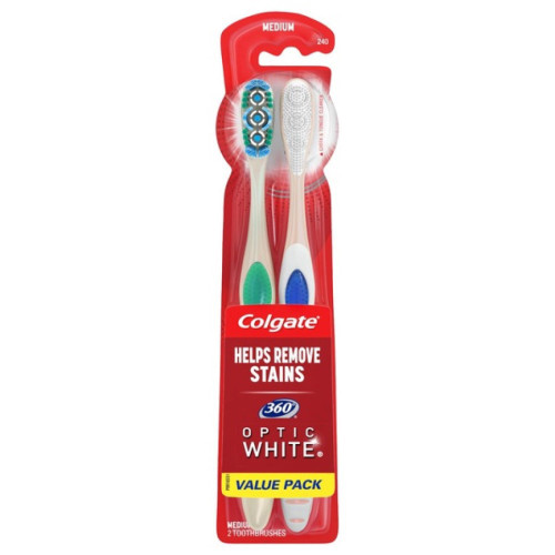 Colgate 360 Optic White Toothbrush, Medium - 2 ct
